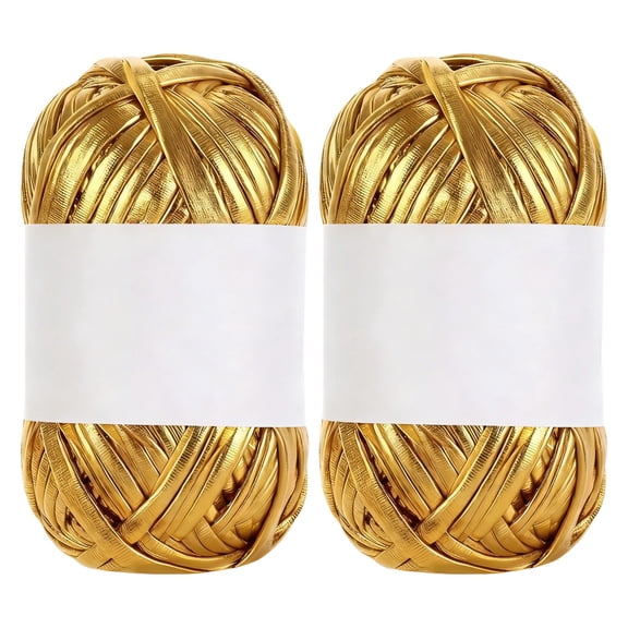 2 Pcs Gold Yarn Metallic T-Shirt Yarn Sets, 131 ft / 40 m Each Roll, Crochet Yarn Fabric Cloth Yarn for DIY Knitting, Crochet Bags, Crafts