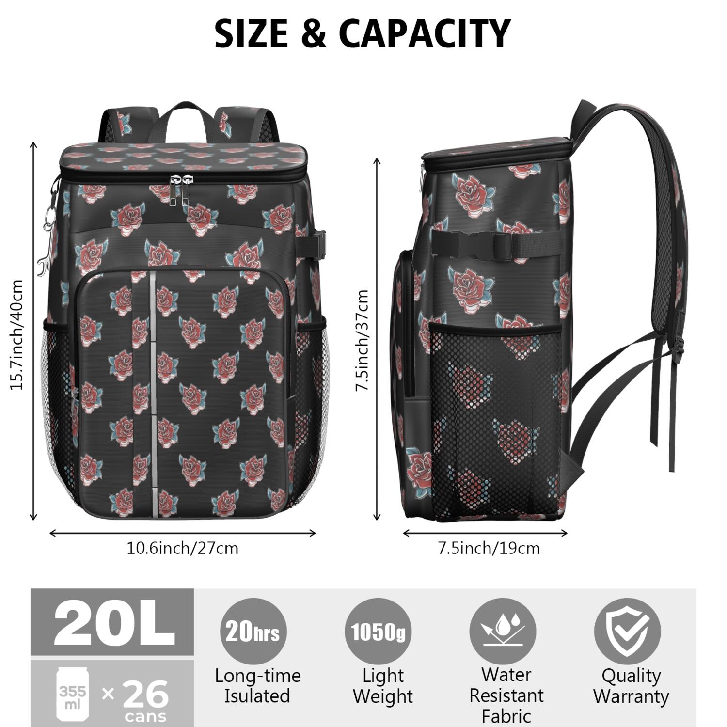 Travel Cooler Bag - Pioneer Flower Floral Print Pattern Camping Beer Cooler Backpack with Bottle Opener- Waterproof Insulated Picnic Backpacks - Cooler Bag for Beach