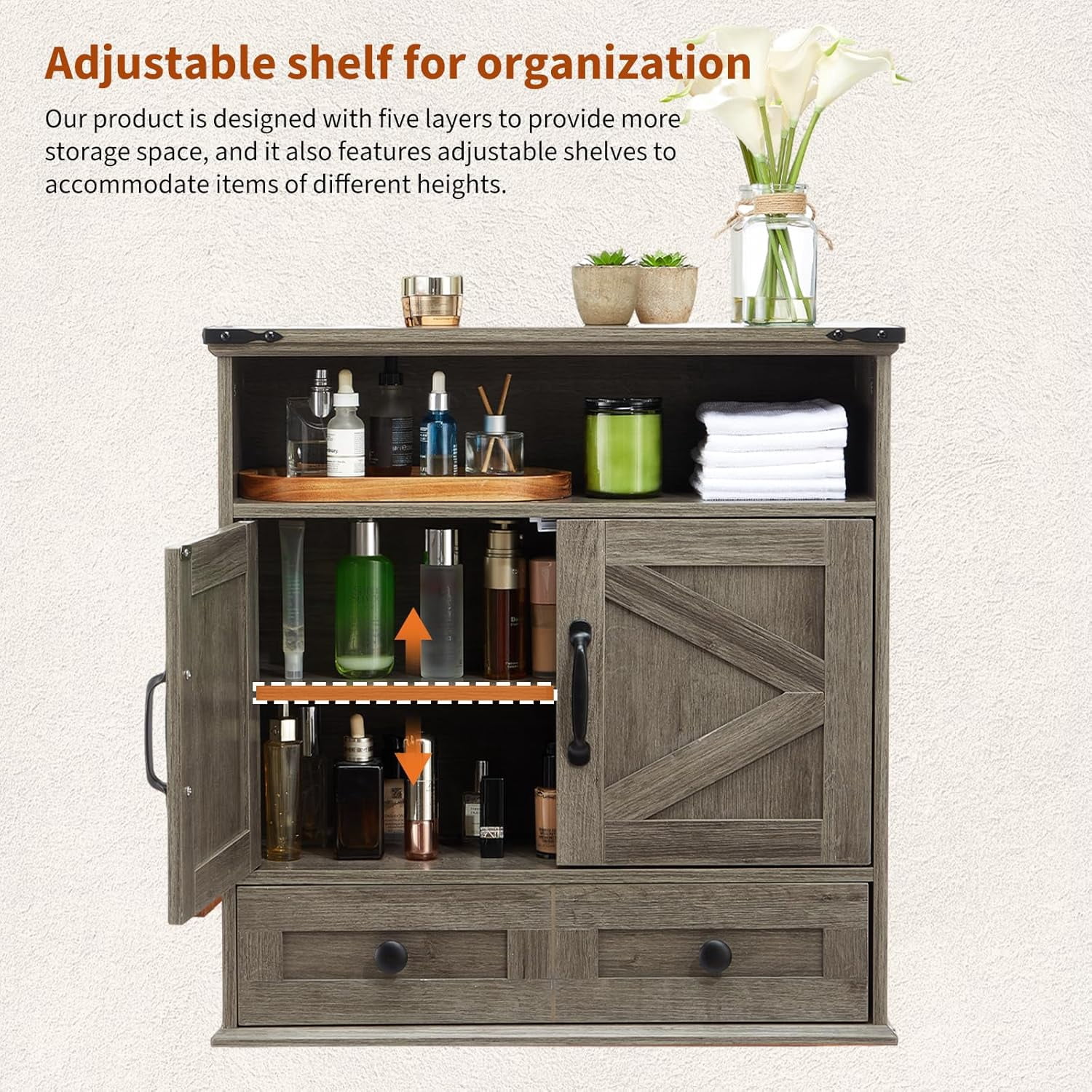 25" Wide Wall-Mounted Bathroom Cabinet with Barn Doors, Over-Toilet Storage with Adjustable Shelf & Drawer, Hanging Cabinet for Bathroom, Kitchen, Laundry, or Entryway