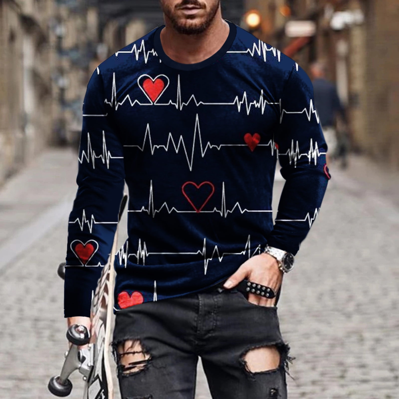 YYDGH Mens Long Sleeve T-Shirt Fashion 3D Funny Heart Print Valentine's Day  Sweater Round Neck Casual Plus Size Shirts Blouse Tops(10#White,M) 