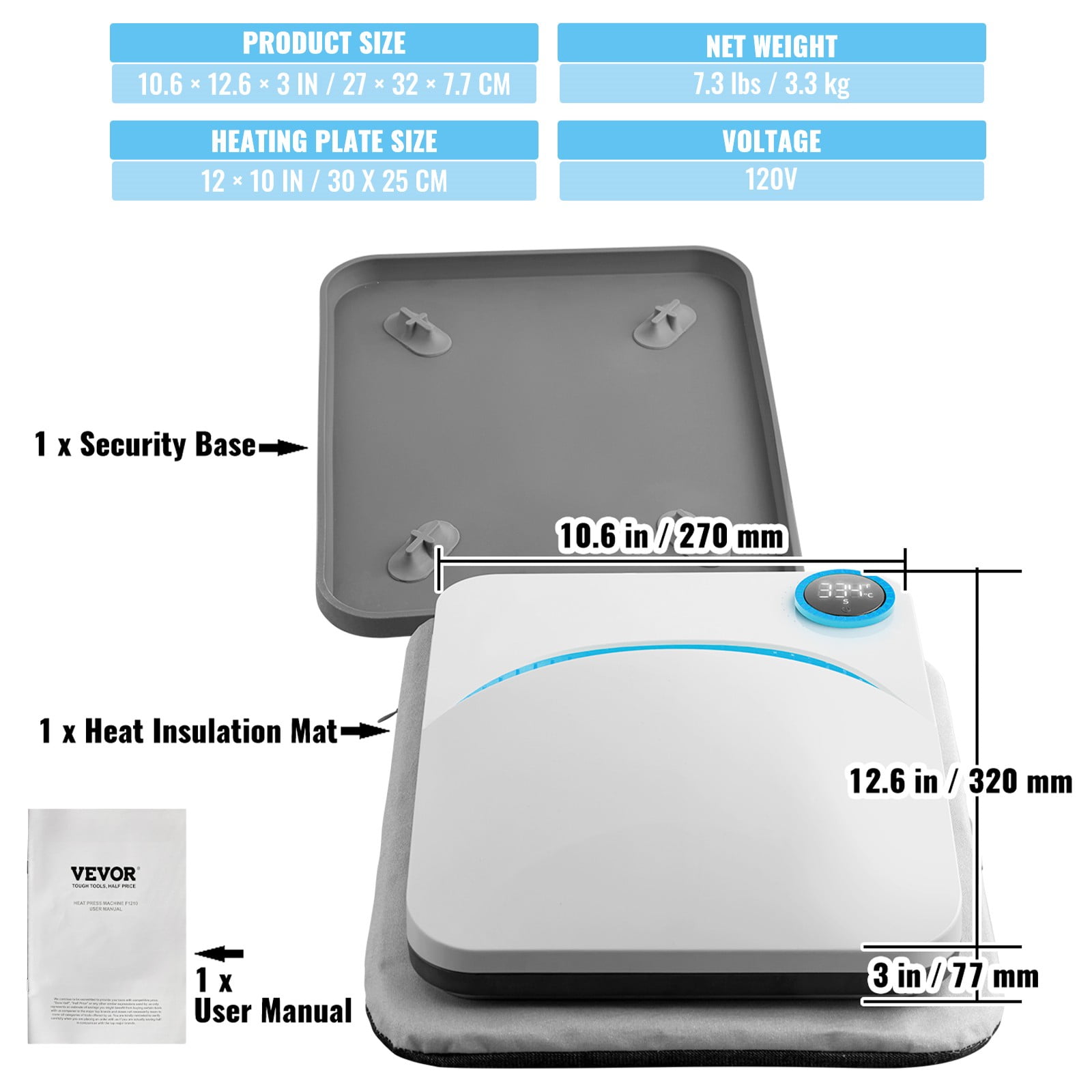 BENTISM Heat Press Machine 12" X 10", Portable Fast Heat-up Mini Easy Press with Timing Function & Insulated Base for Hat, Bags, Heating Transfer Projects