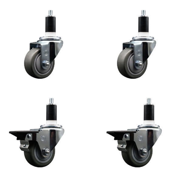 3 Inch Gray Poly Wheel Swivel 1-3/8 Inch Expanding Stem Caster Set 2 Brakes SCC