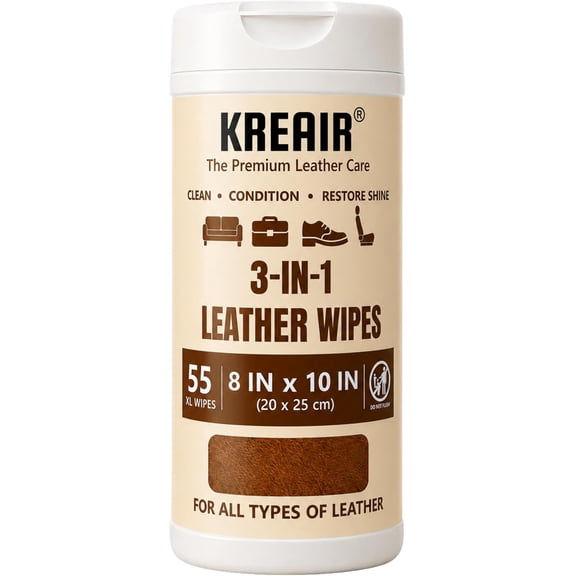 Kreair 3in1 Leather Wipes 55 Count, Clean, Condition & Restore Shine, XL 8"x10" Extra-Large Wipes for Car Seats, Shoes, Furniture & Bags, For All Types of Leather, Non-Linting, Easy-Pull Lid