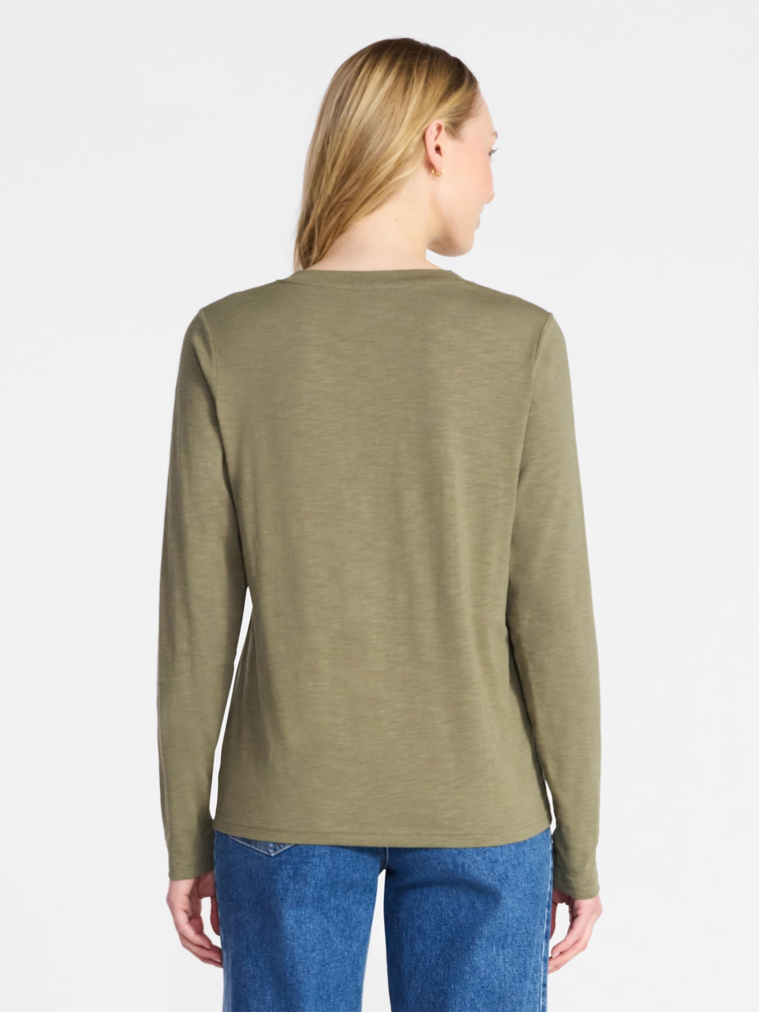Time and Tru Women's Slub V-Neck Tee with Long Sleeves, Sizes XS-XXXL