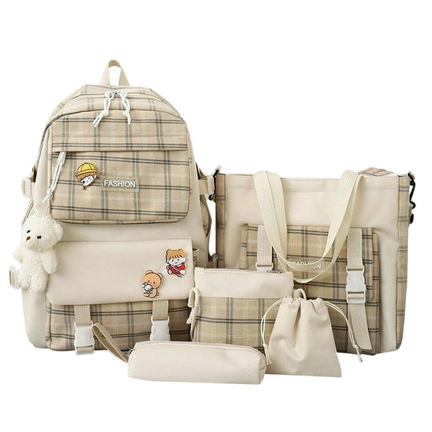 AMNHDO 5Pcs Set Aesthetic School Bags Plaid Casual Backpack Combo Set