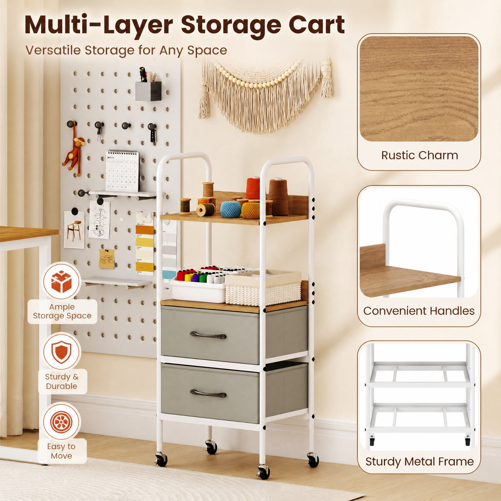 Furnibear Rolling Utility Storage Cart with 2 Open Shelves and 2 Fabric Drawers for Home Office Filing Document Letter Legal Storage, Natural