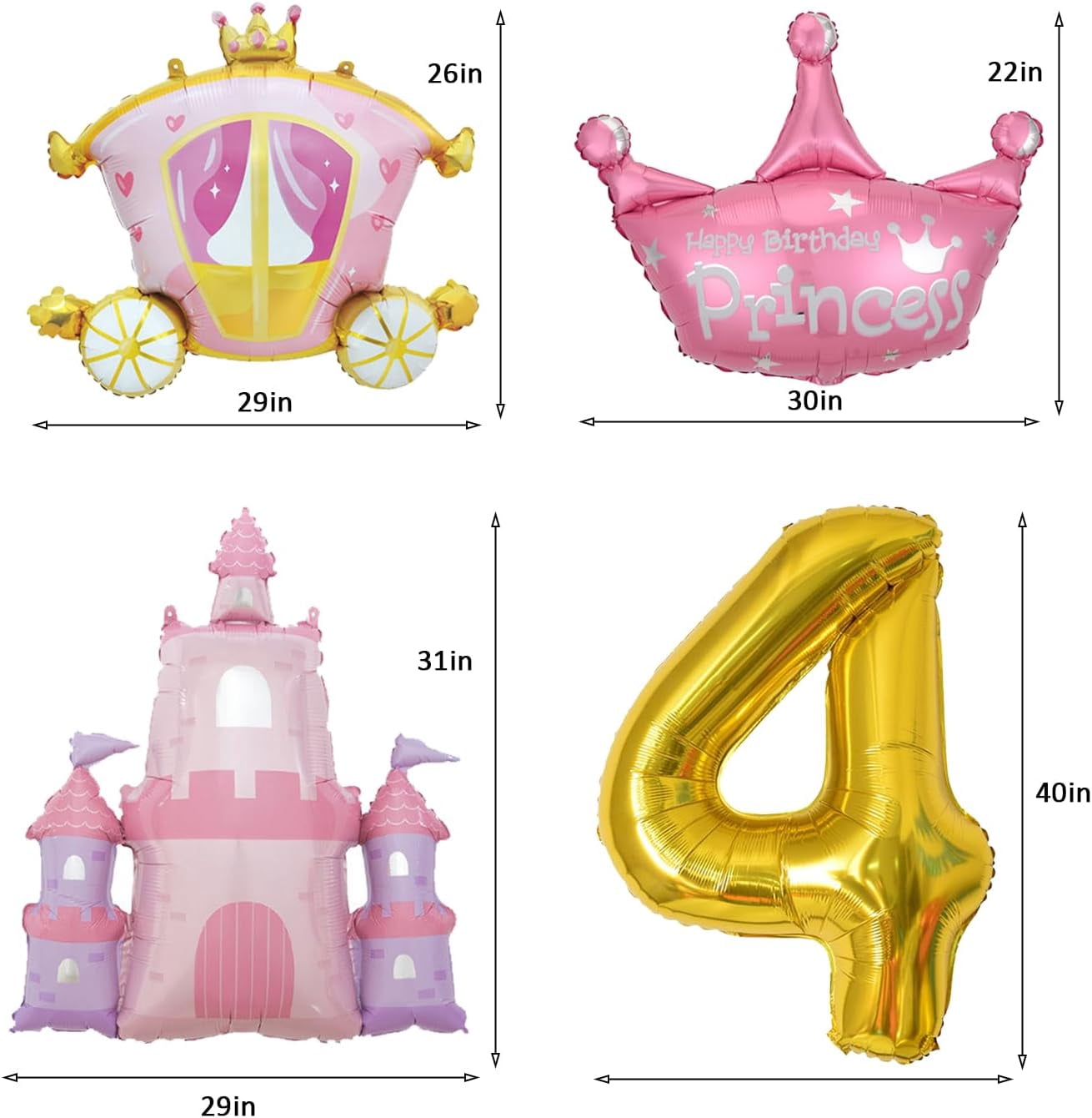 Princess Balloons for Girls' 4th Birthday Party Decorations Pink Gold Crown Pink Castle Balloon,Carriage Balloon Gold 40in Large Number Foil Balloon
