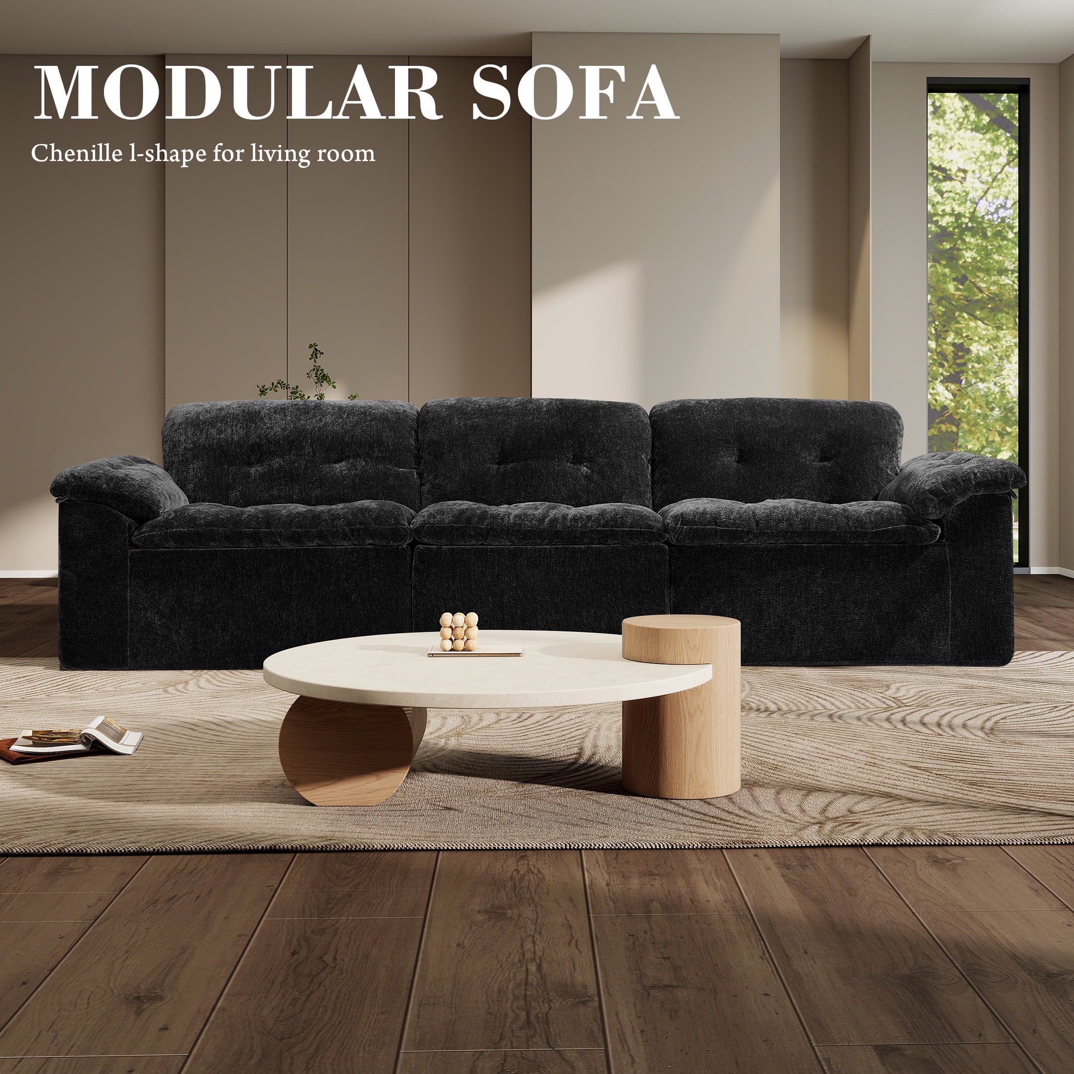 Aukfa 3-Piece Cloud Modular Sectional Sofa for Living Room, Ice Flower Chenille, Black