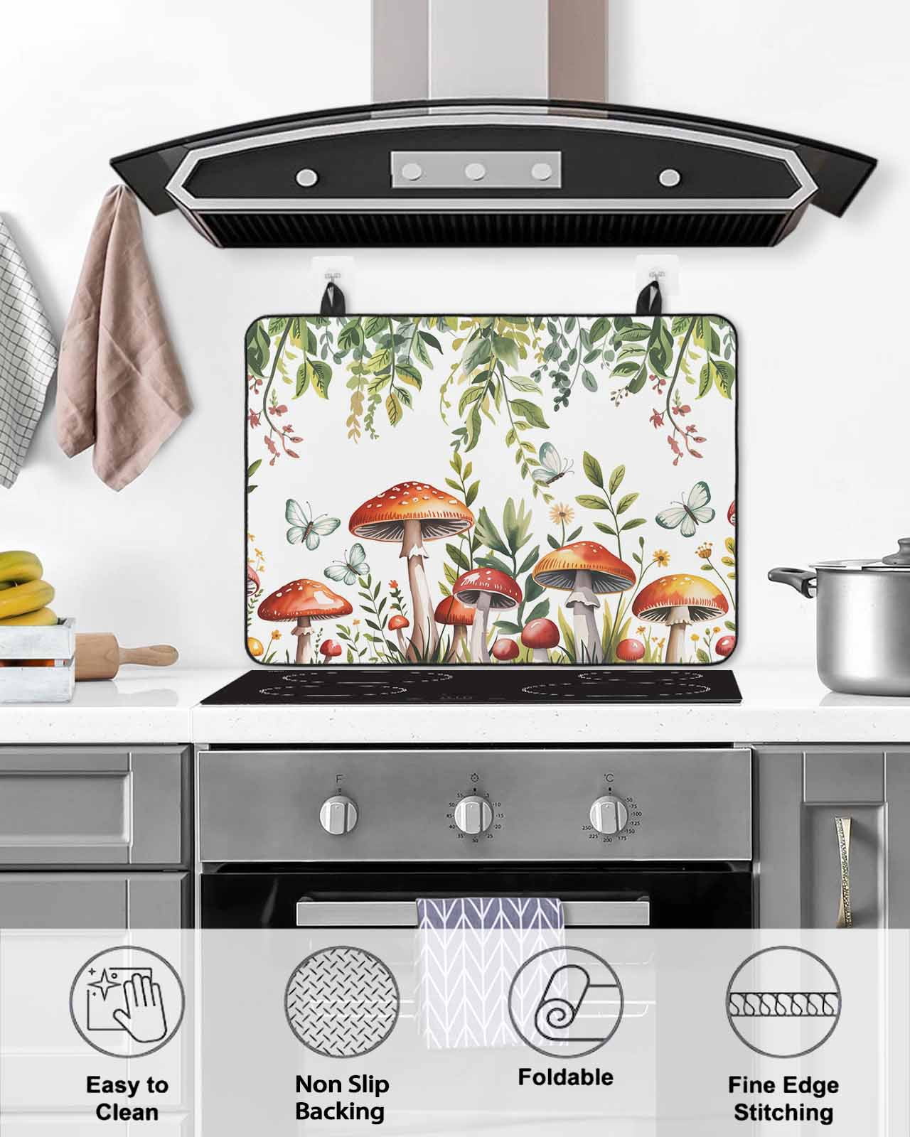 Large Induction Cooktop Protector Mat Mushrooms Stove Top Covers for Electric Stove, Spring Flowers Leaves Butterflies Botanical Decorative Stove Burner Cover Mats, Glass Top Stove Cover