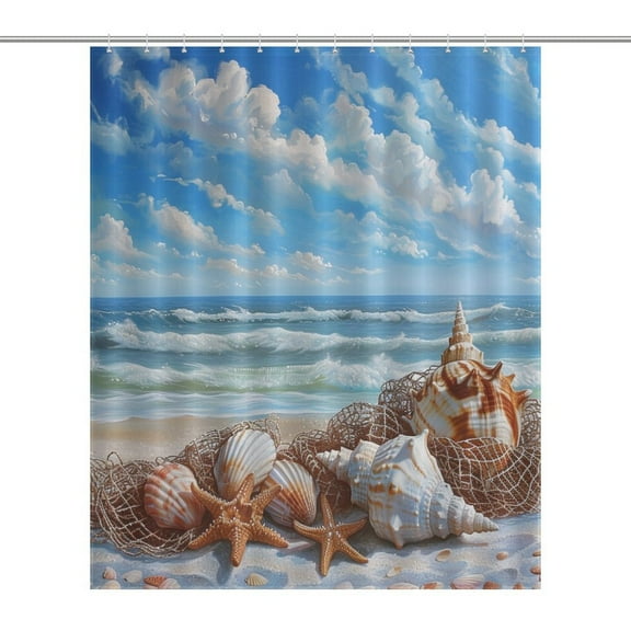 Beach Seashell Starfish Shower Curtain Modern Home Bathroom Bathtub Decor Waterproof Fabric with 12PCS Hooks