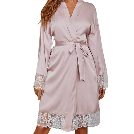 

AIYUQ.U Loose Satin Thin Lace Pajamas Bride s Pajamas Lace Up Bath Pajamas Home Clothes