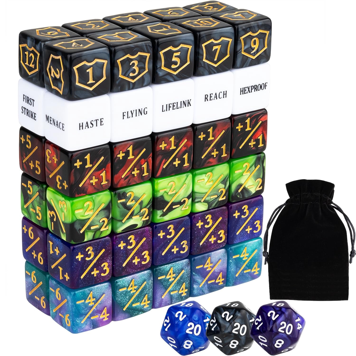 Set De 48 Dados Para Magic: The Gathering – 4 Estilos, 12 Dados De Cada – Incluye Bolsa De Almacenamiento De Terciopelo – Tamaño 16 Mm