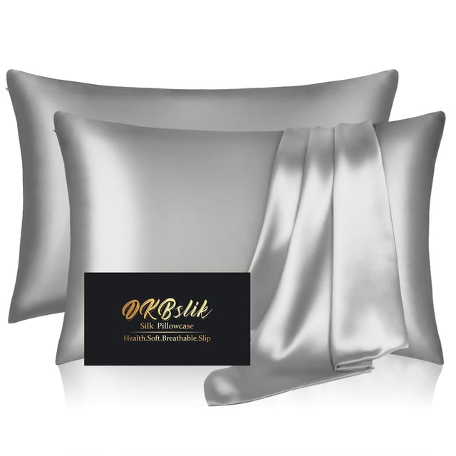 Fundas de almohada de seda DKBSlik Mulberry Silk Standard, paquete de 2 unidades, plateadas