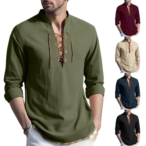 BVWKPCV Mens Renaissance Shirt Medieval Pirate Viking Halloween Costume Gothic Retro Long Sleeve Lace Up Shirts Navy XL