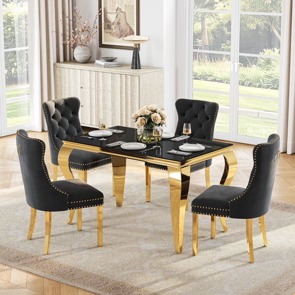 5-Piece Rectangular Dining Table Set for 4, 47.24" Glass Top Table with Velvet Chairs, Compact Modern Dining Furniture