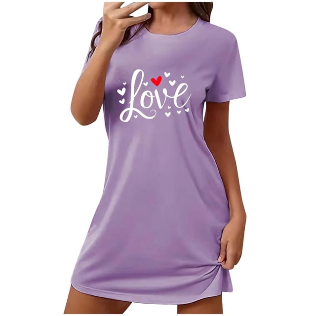 Pyjama Femmes Chemises de Nuit pour Femmes Manches Courtes Chemises de Nuit pour Dormir Nuisette à Enfiler Douce Mignonne Imprimée Robe de Nuit Robes pour Femmes Tenue de Nuit Robe de Pyjama Pyjamas d'Été pour Femmes Violet G