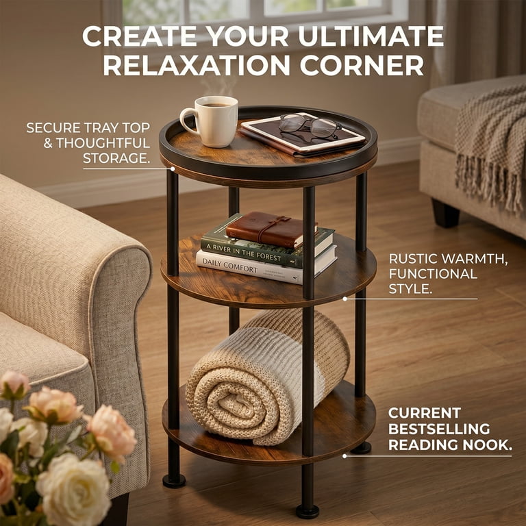 ZEXVIDA Round Side Table with 3 Tiers, Rustic Brown photo 7