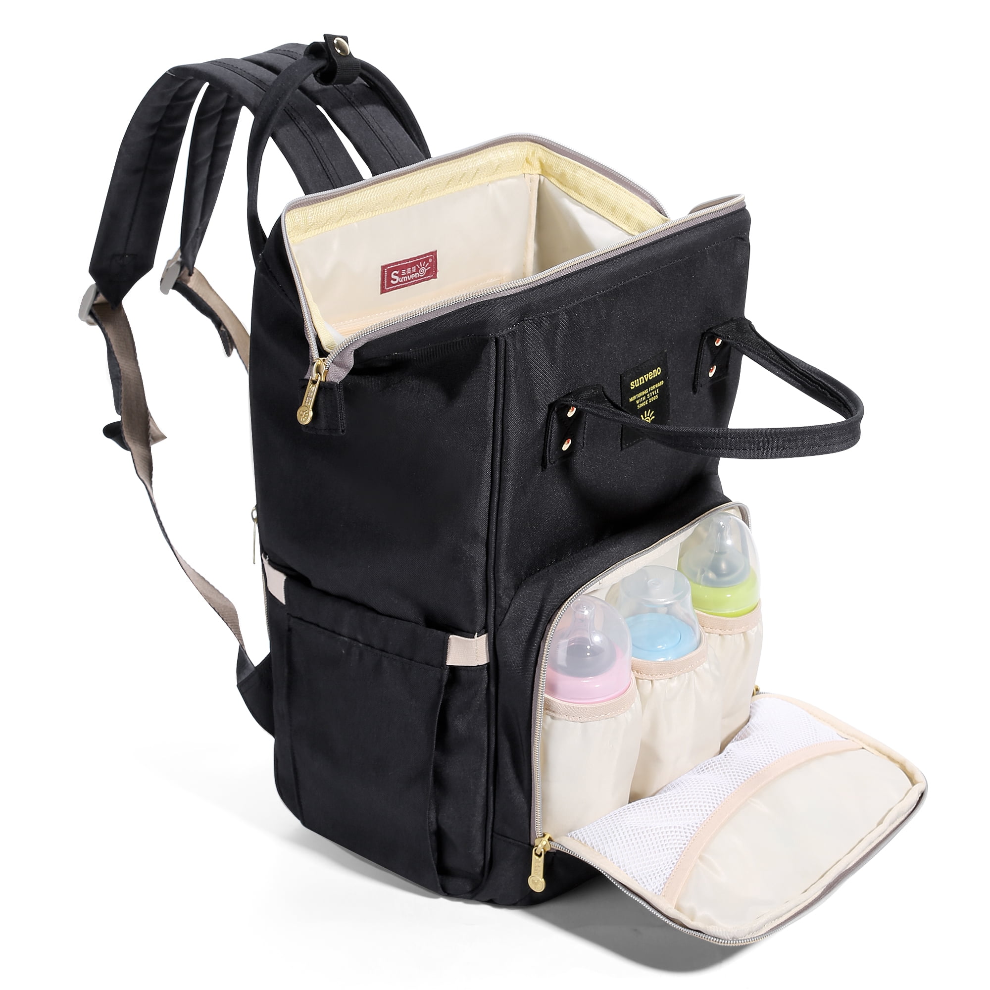 Sunveno Embroidered Backpack Diaper Bag Travel Backpack, Black Flower
