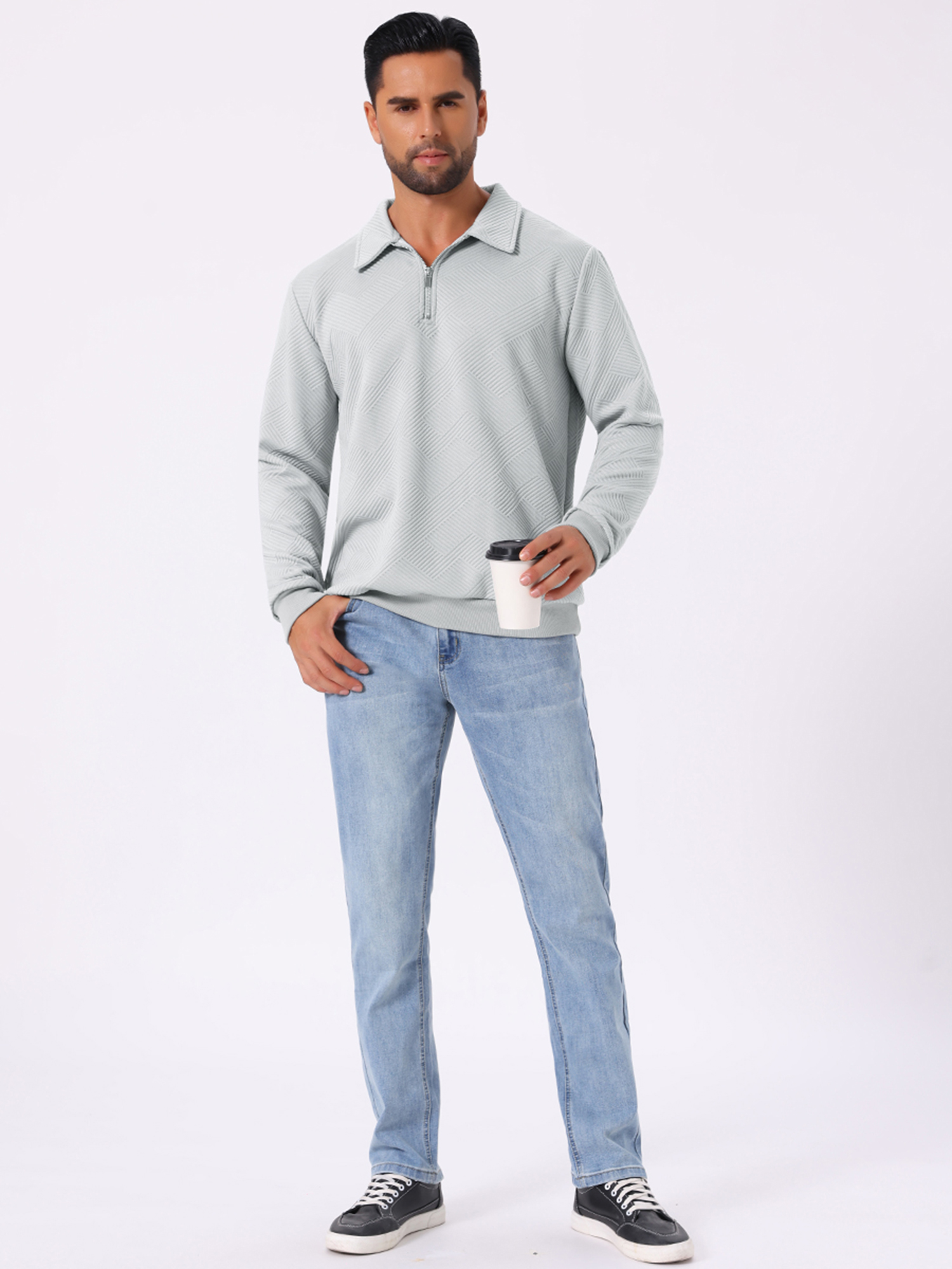 DARING DIVA Zip Pullover Long Sleeve Knitted Sweatshirts 2XL Light Gray