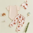 thumbnail image 4 of Kogui Newborn Outfit Boy Baby Boys Outfit Romper Set Short Sleeve Round Neck Cartoon Print Elastic Waist Wide Leg Pants Bodysuit Clothes Sets 0 3 6 9 12 18 24 Months (Beige,0-3 Months), 4 of 9