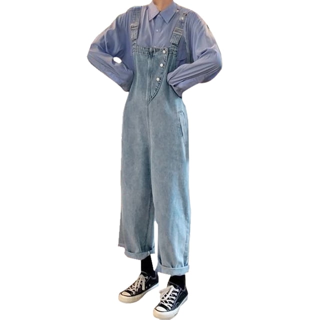 HBFAGFB Combinaisons pour Femmes Printemps Automne Jeans à Boutons Réglables Rétro Manches Longues Combinaison Bleue Taille P