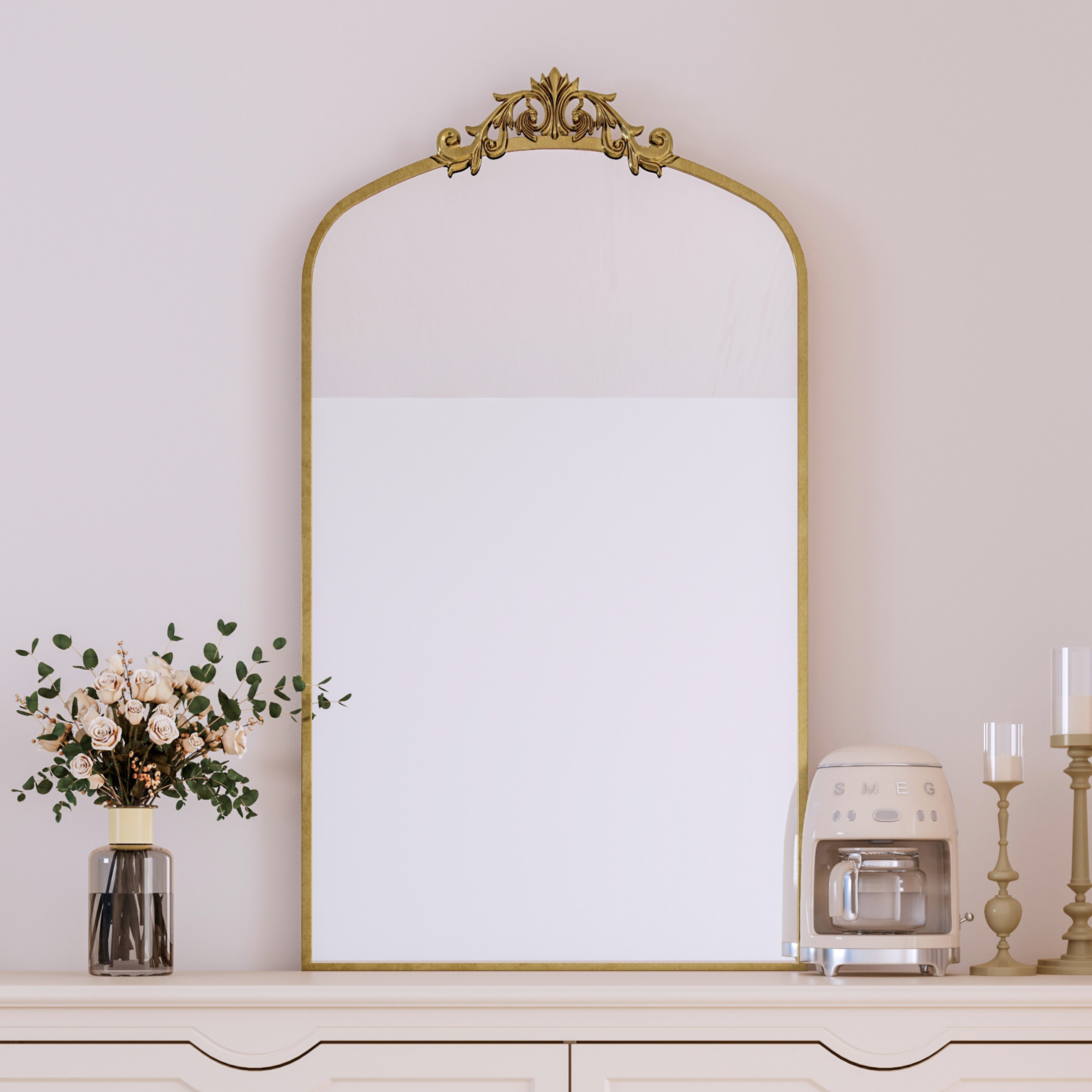 Noble House 24" Vintage Ornate Arched Wall Mirror with Metal Frame, Baroque Decorative Dressing Mirror, Antique Bronze