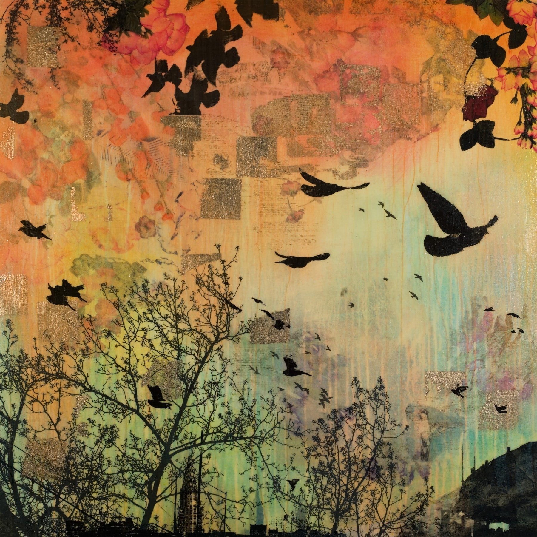 "Black Birds Dance" Painting Print on Wrapped Canvas