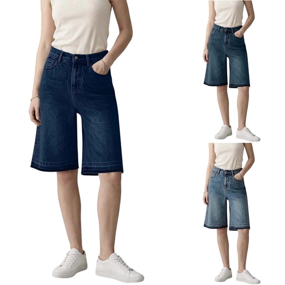 Vintage Washed Knee Length Jean Shorts for Women High Rise Loose Wide Leg Bermuda Denim Shorts Y2K Casual Streert Pants with Pockets Navy
