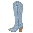 thumbnail image 2 of Top Moda Women Knee High Boots Block High Heels Rhinestone Bling Glitter Side Zipper Pointed-Toe IMOGEN-38 Blue Denim 8, 2 of 5