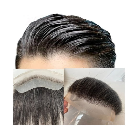 HD Invisible Lace Front Hairline 4cmx18cm Men Forehead Hairline Toupee Lace Front PU Back Hairline 1B# Human Hair Mixed 20% Gray Hair Man Hairpieces