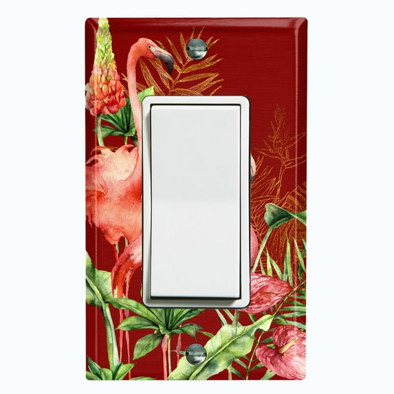 Metal Light Switch Plate Outlet Cover Tropical Pink Flamingo Flower Leaves Burgundy FGO009