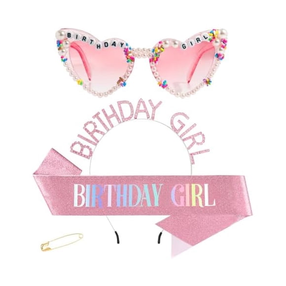 wonima11 3Pcs Birthday Girl Sash Headband Set-Birthday Sash Tiara and Crown Sunglasses for Girls Women