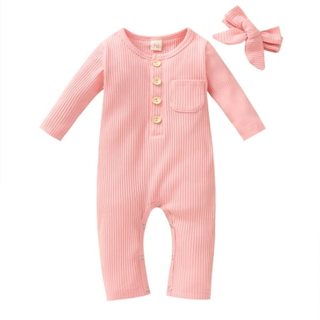 

AIMAOMI Baby Long Sleeve Solid Button Jumpsuit Romper+Headbands Sets H