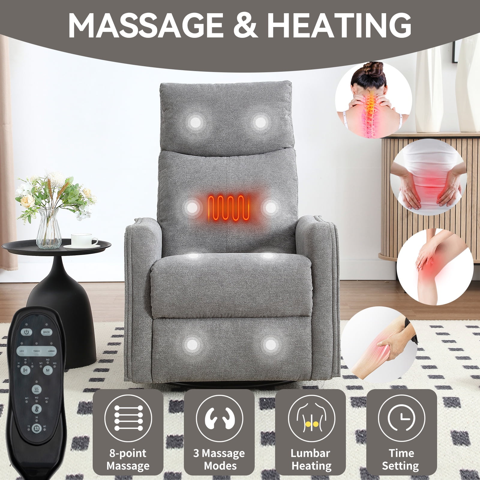 Bellemave Manual Recliner Chair with Massage and Heating Home Theater Recliner Rocking Chair Rocker Chair with High Back in Fabric for Living Room, Bedroom (Gray)