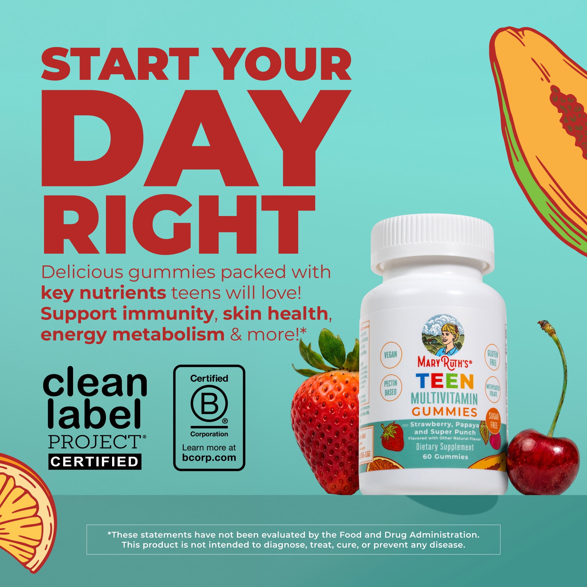 MaryRuth's Teen Multivitamin Gummies with Vitamin C, D, E, B Vitamins, Biotin, Zinc, Vegan, Sugar Free, 60 Count