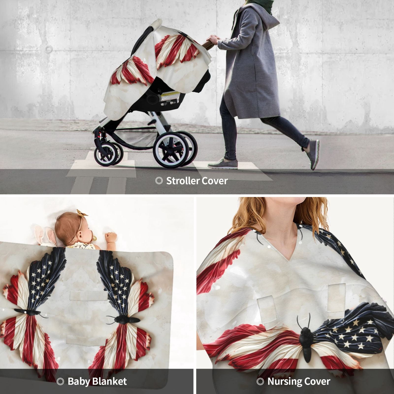 Car Seat Cover Baby - American Flag Butterfly Wall Breathable Infant Car Seat Cover for Baby Carseat, Lightweight Comfort Baby Essentials Must Haves Newborn Stuff for Girl Boy