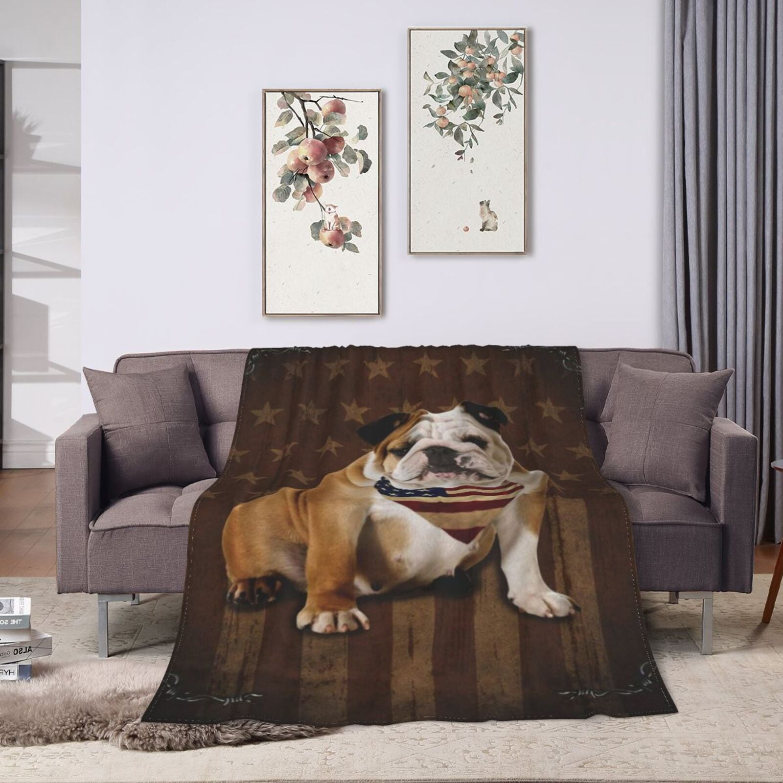 Wijzvio Bulldog Dog With Vintage American Flag Throw Blanket Soft Fuzzy Fleece Blanket For Couch Bed Living Room Decoration 60"X50"