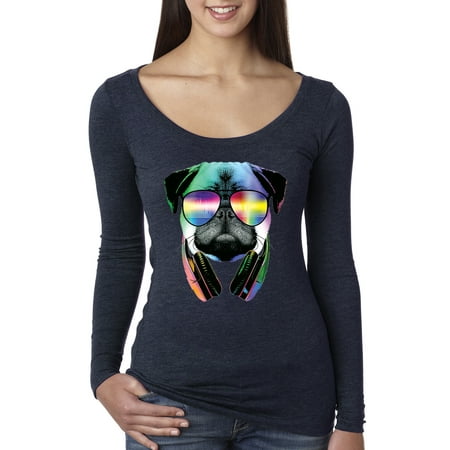 

Wild Bobby Colorful Pug DJ Pop Culture Women Scoop Long Sleeve Top Vintage Navy Medium