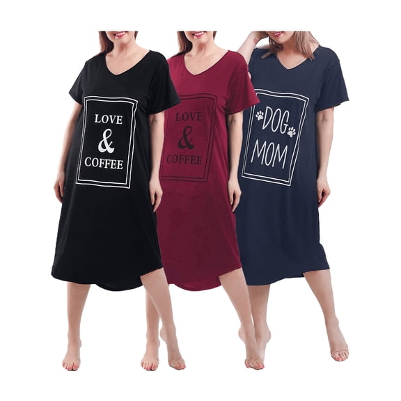 FEREMO Nightgown for Women Plus Size Long Sleepwear Printed Comfy Sleep Shirts 3 Pack (3X)