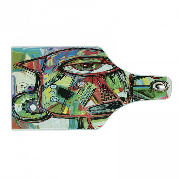 Abstract Cutting Board, Doodle Bird Character Eyes Eyesight Portrait Unusual Retro Illustration, Decorative Tempered Glass Cutting and Serving Board, Wine Bottle Shape, Multicolor, by Ambesonne
