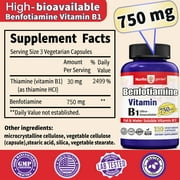 Benfotiamine 750mg Ultra Bioavailable Thiamine Vitamin B1, 120 Vegetarian Capsules, Made in USA cGMP Facility, Supports Overall Health, Gluten Free