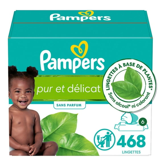 Lingettes pour bébés Pampers pur et délicat, 99 % d’eau, hypoallergéniques, non parfumées, entièrement à base de plantes, lingettes pour bébés sans plastique, 468 lingettes pour bébés au total (6X emb 468CT