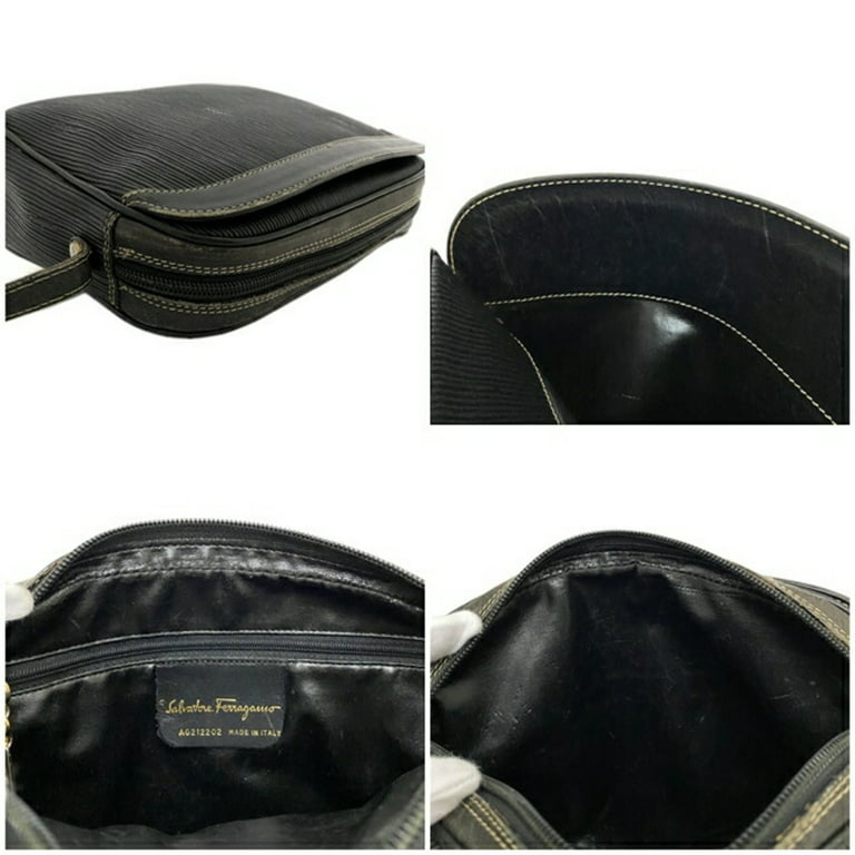 Authenticated Used Salvatore Ferragamo shoulder bag black leather striped  pochette ladies 
