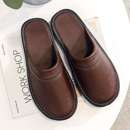 

CoCopeanut Black Home Leather Slippers Men s Indoor Flats Waterproof Autumn Lovers Shoes Classic House Couples Soft Leather Slippers