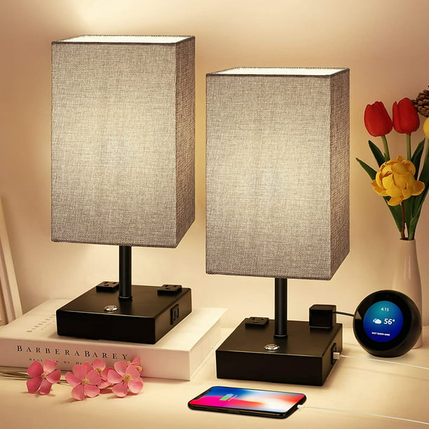 Bedside Lamp, 3 Way Dimmable Touch Control Table Lamp with 2 USB Charging  Ports 2 AC Outlet, Nightstand Lamp with Grey Fabric Shade Bedroom Lamp for  