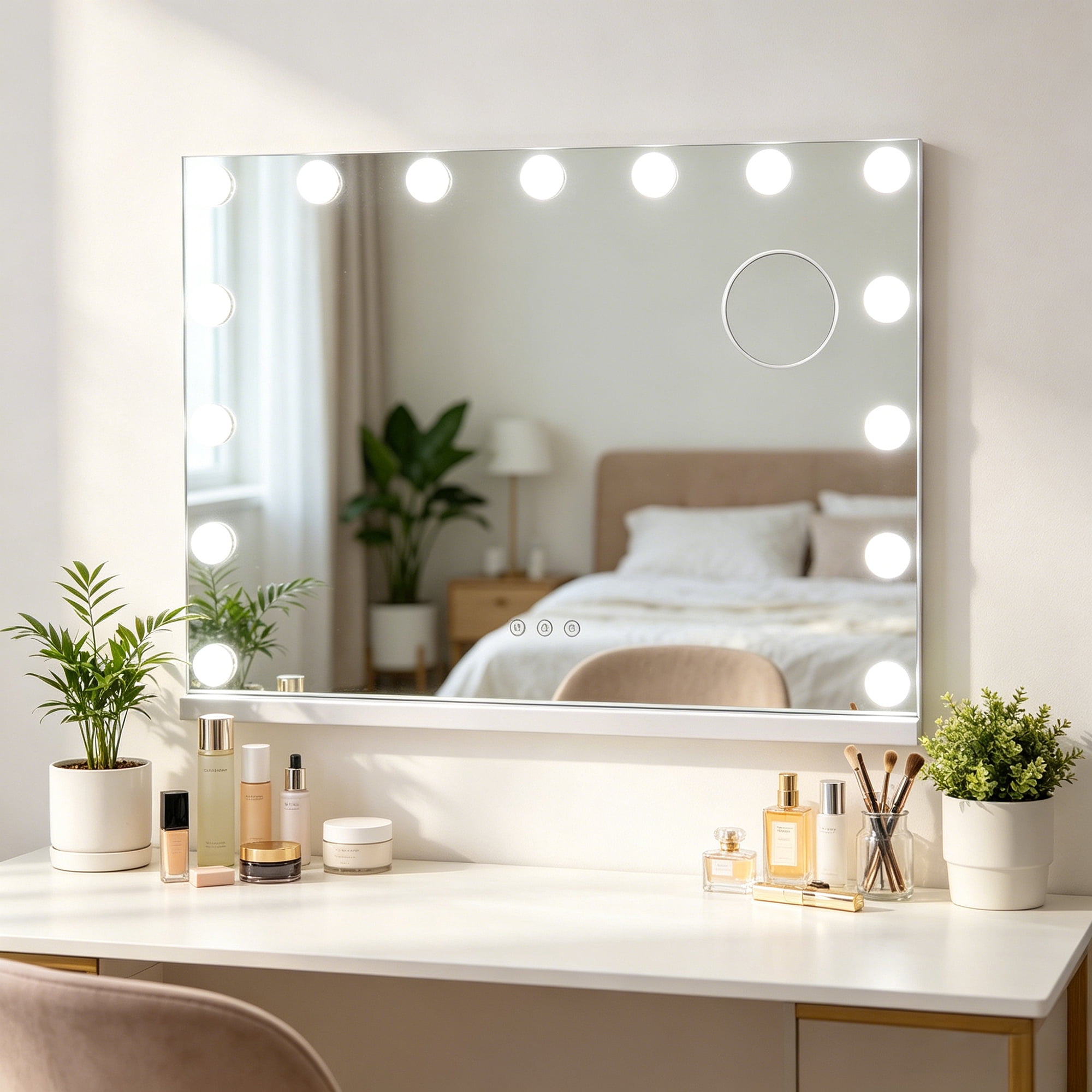 KOOL 23''x18'' Large Hollywood Vanity Mirror with 15 Bulbs LED Mirror Lighted Makeup Mirror Wall Mounted & Tabletop White Metal Frame Rectangular Mirror, White