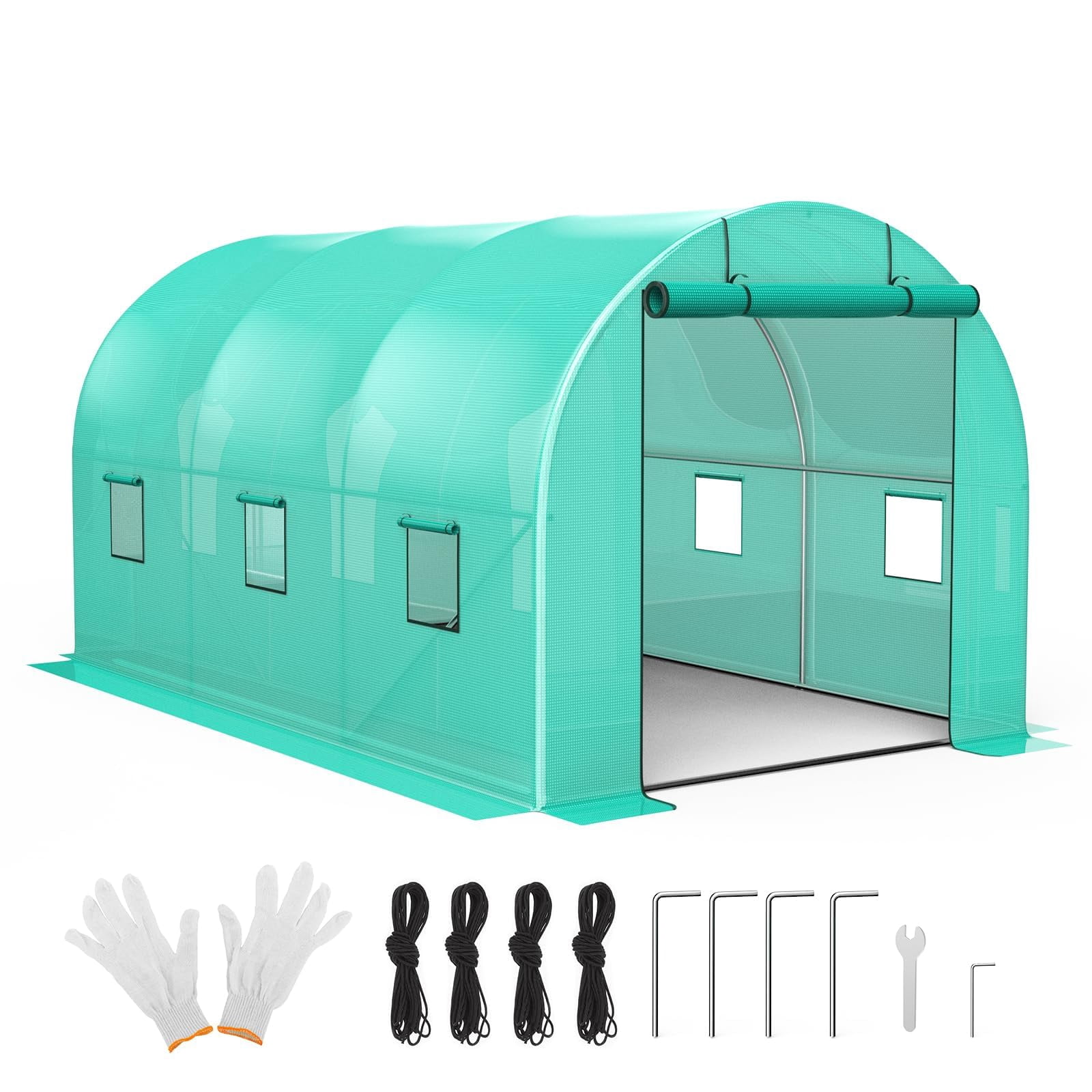 8x13x7FT Walk-in Greenhouse, Galvanized Steel Frame (19x0.6 Pipes) with 6 Mesh Windows & Full Zipper Door, Portable Tunnel Tent for Outdoor Use