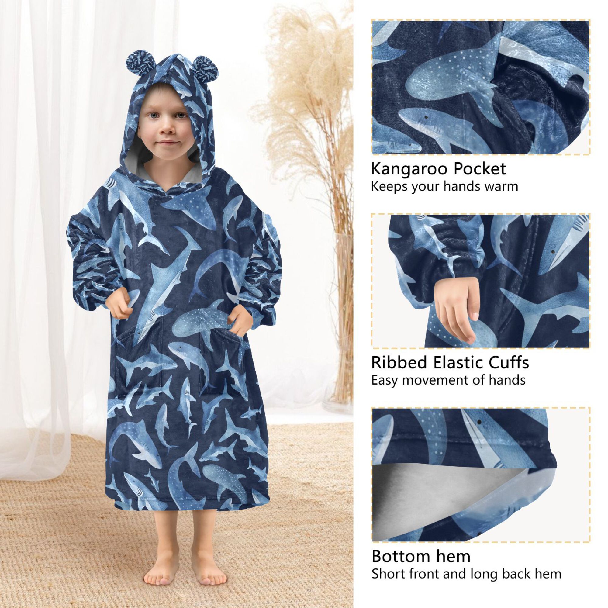 FORMRS Wearable Blanket Hoodie with Sleeves for Kids Cozy Flannel Sweatshirt, Watercolor Shark Pattern