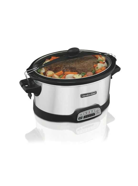 Hamilton Beach Programmable Stay or Go Slow Cooker, 7 Quart Capacity, Lid Lock for portability, Dishwasher Safe Removable Crock, Silver 33576