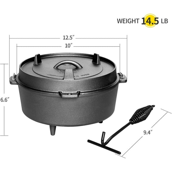 Pre-Seasoned Cast Iron Dutch Oven With Skillet Lid, Outdoor Camping Deep Pot for Cooking BBQ Baking Campfire